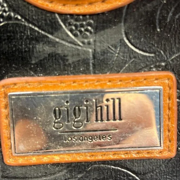 Gigi Hill Women's Black Brown Leather Tote Bag Floral Lining Shoulder Purse - Picture 4 of 9